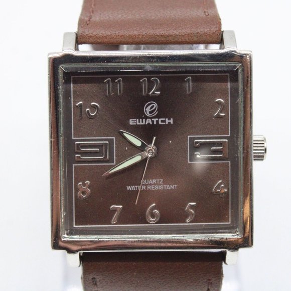 Ewatch Mens Watch Silver Tone Stainless Steel Classic Brown Leather Band - Picture 3 of 8